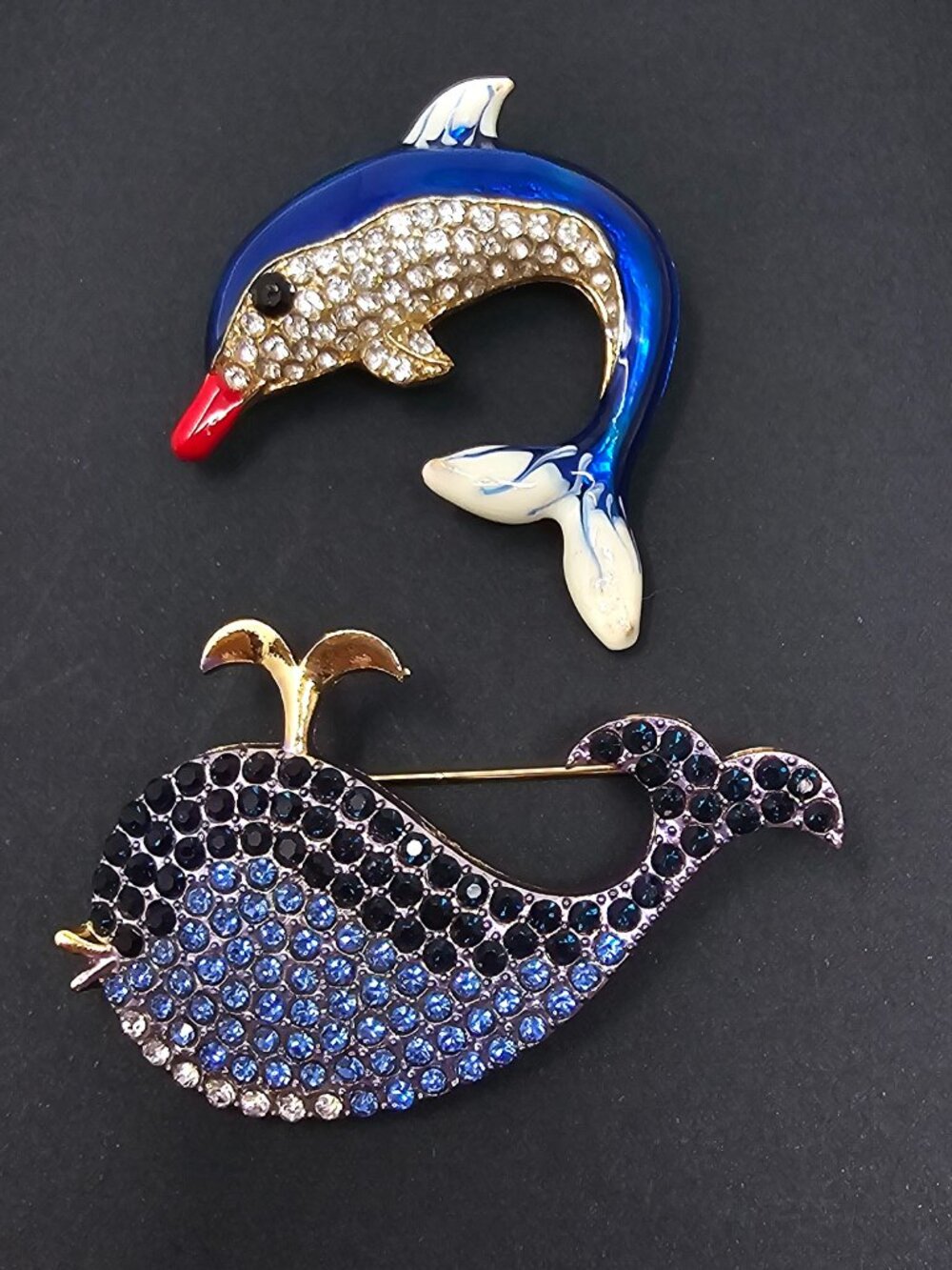 2pc Dolphin Whale Brooches Pins Rhinestones Gold Toned